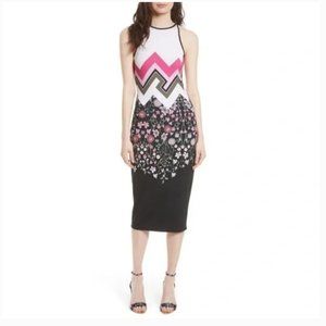Ted Baker pink green black white Seenaa Floral Bodycon Dress size 2